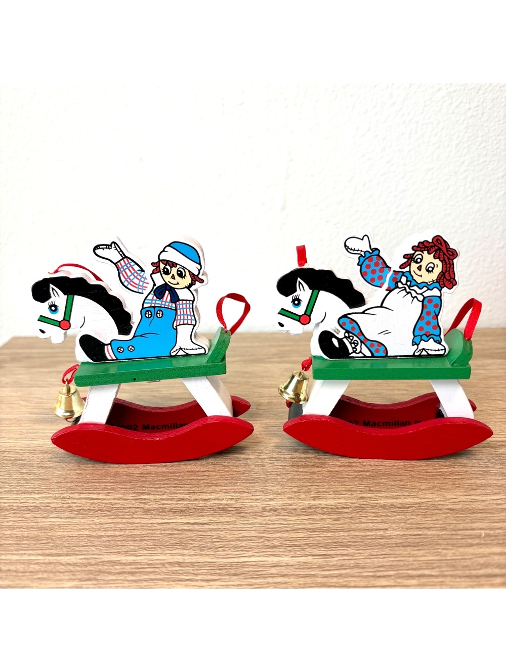 1992 Macmillan Raggedy Ann & Andy Rocking Horse Christmas Ornaments Set Vintage